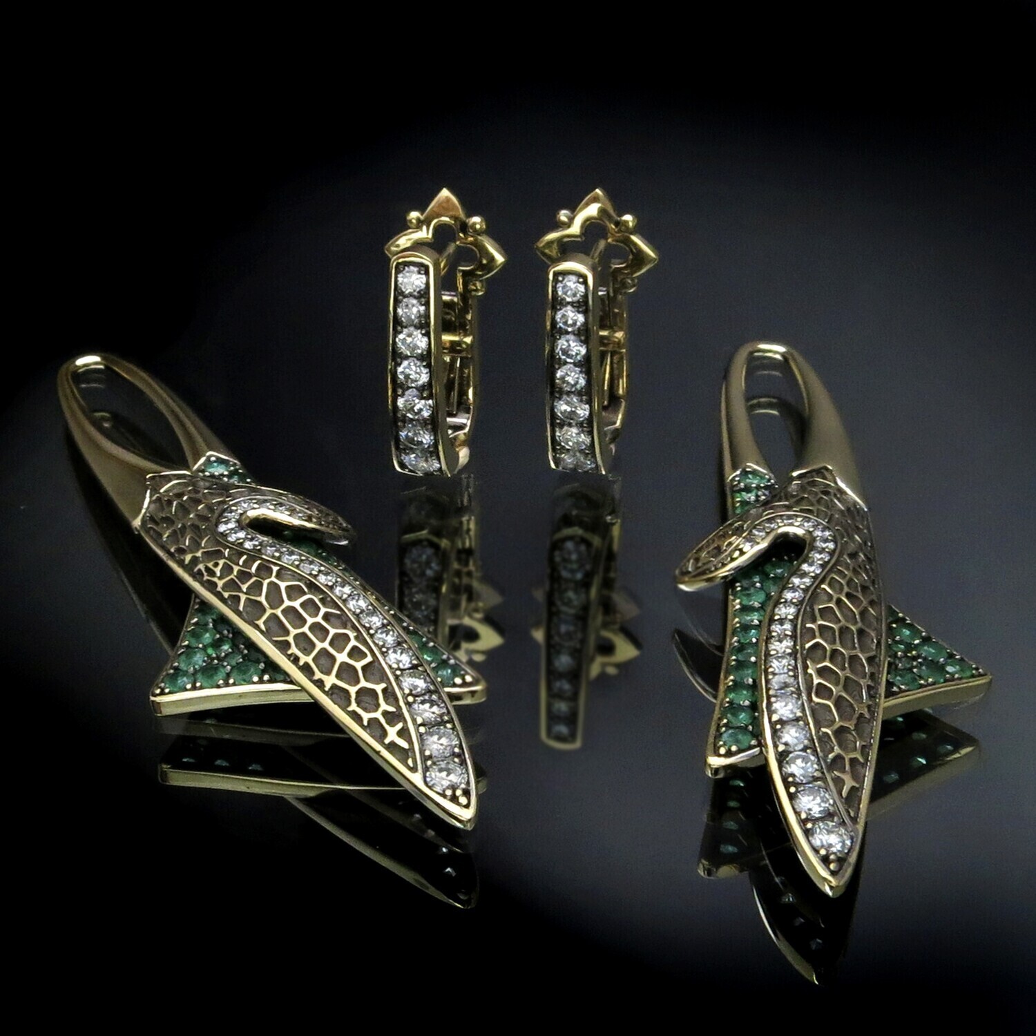 14K Gold Earrings with Emeralds and Diamonds (removable bottom parts), BOE38