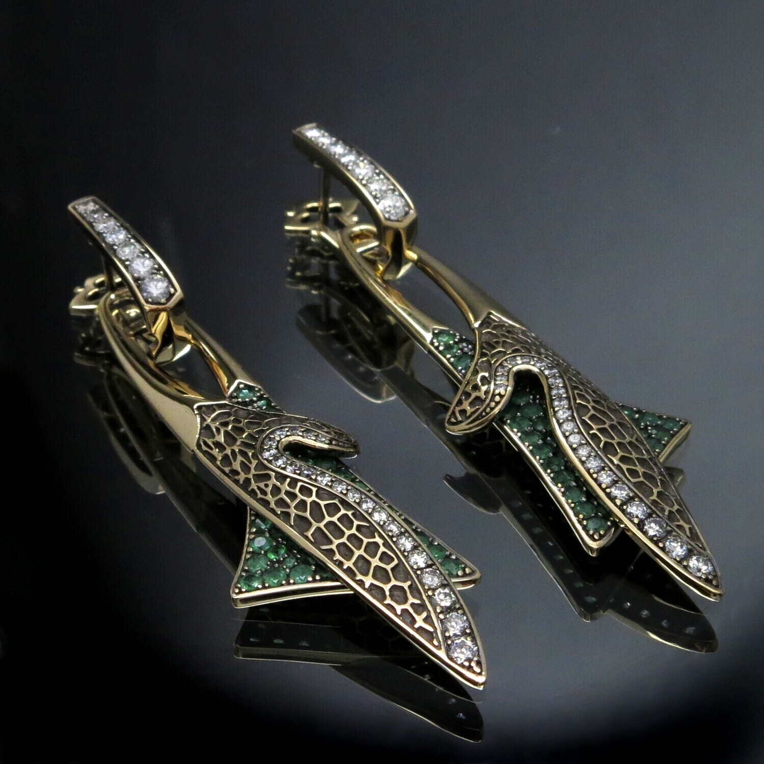14K Gold Earrings with Emeralds and Diamonds (removable bottom parts), BOE38