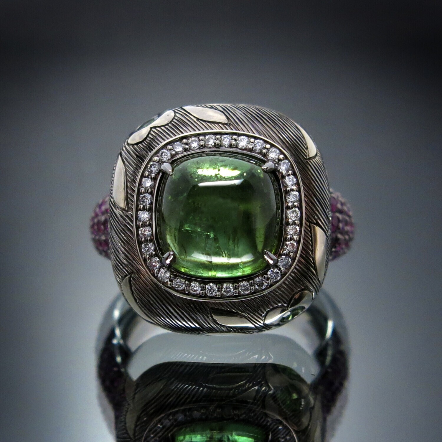 18K Gold Ring with Tourmaline, Diamonds and Rubies, VH001