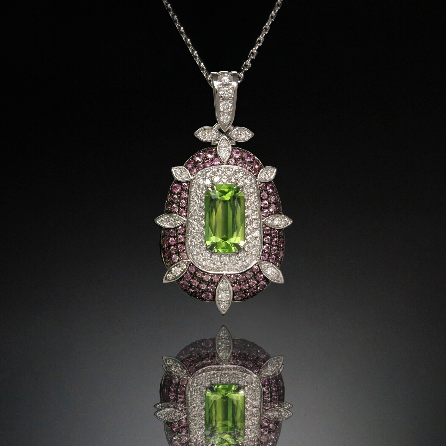 14K Gold Pendant with Peridot, Diamonds and Sapphires, VH004