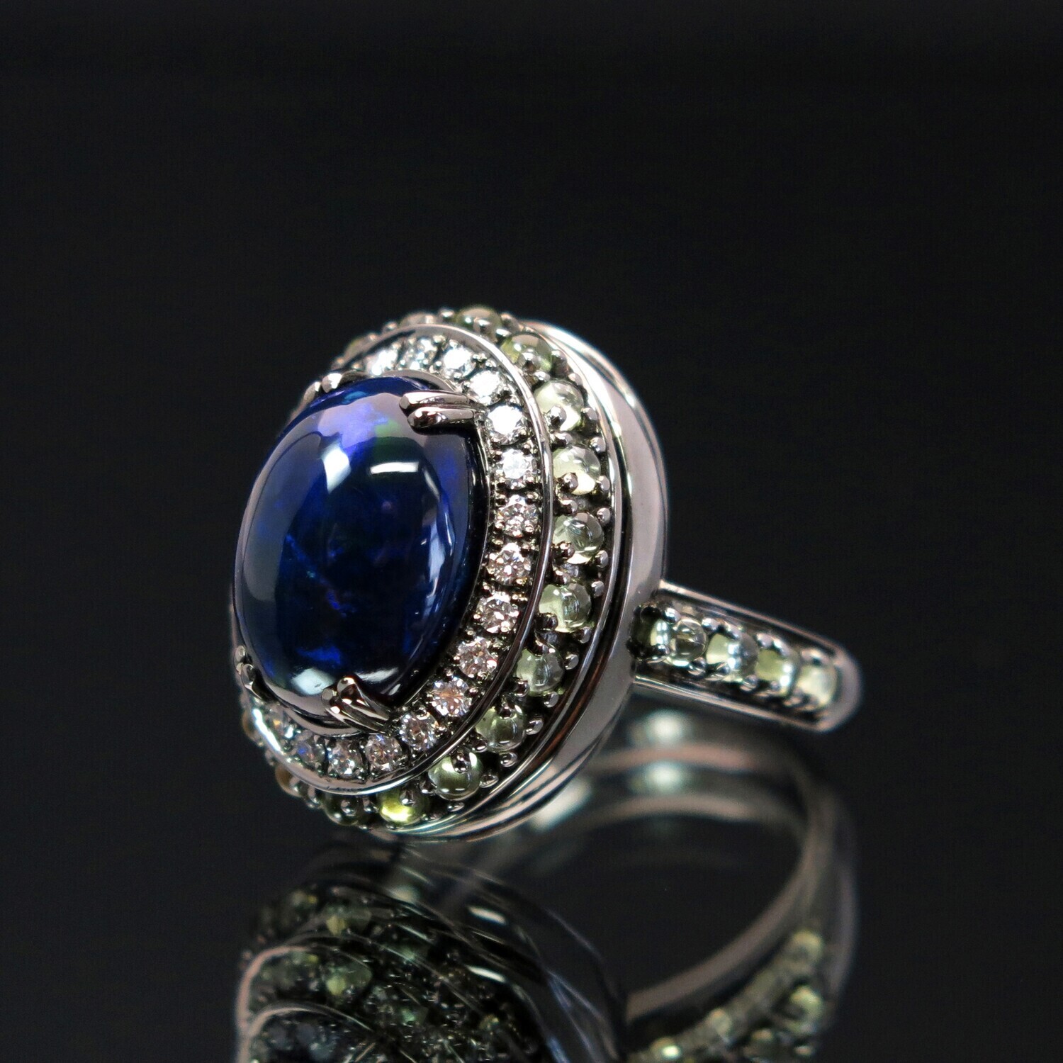 14K Gold Ring with Opals, Diamonds and Chrysolite, VH006