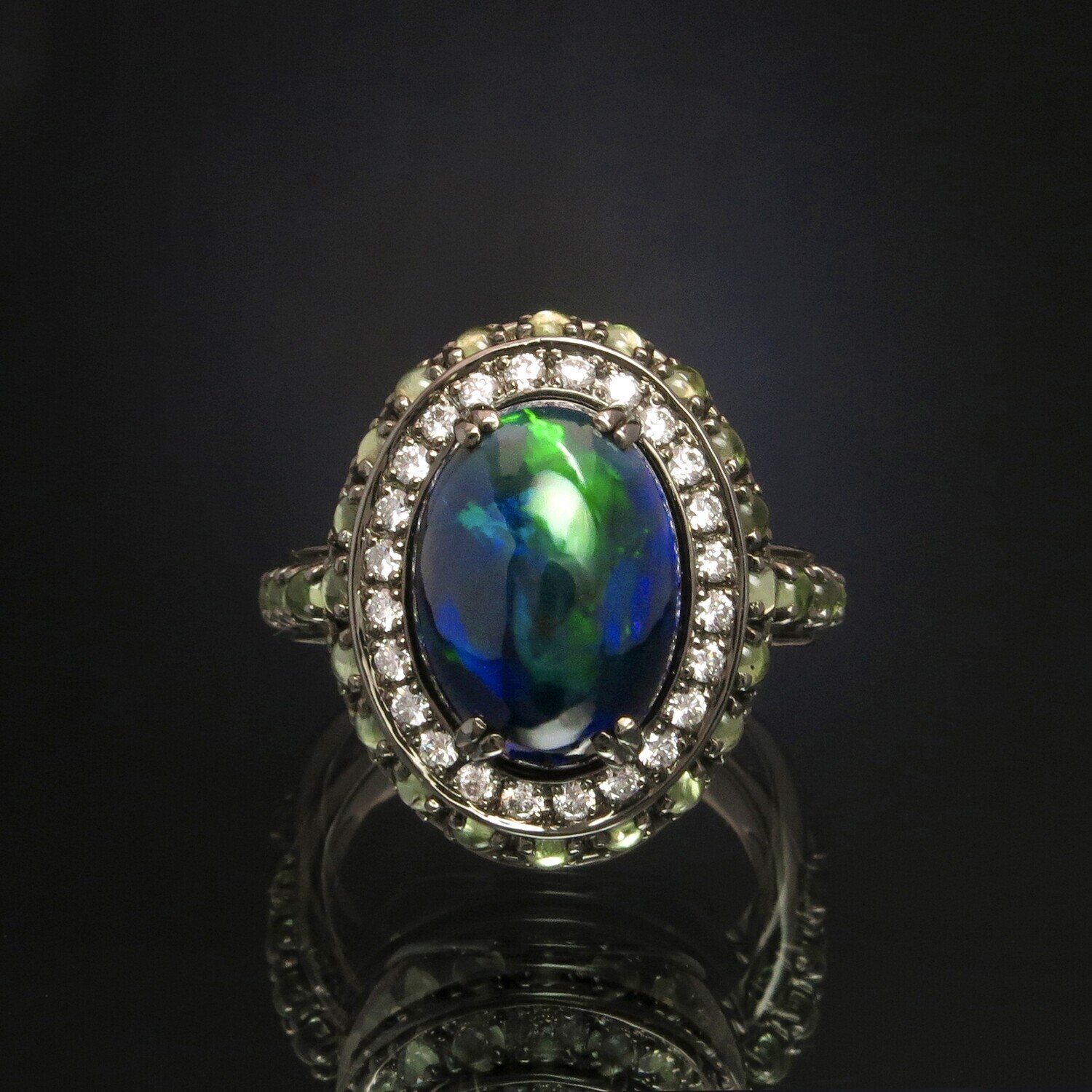 14K Gold Ring with Opals, Diamonds and Chrysolite, VH006