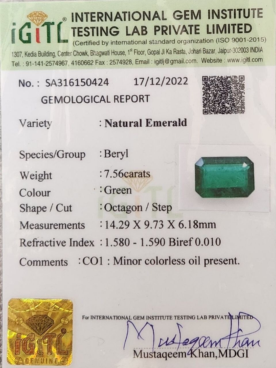 7.56 ct Emerald octagon cut