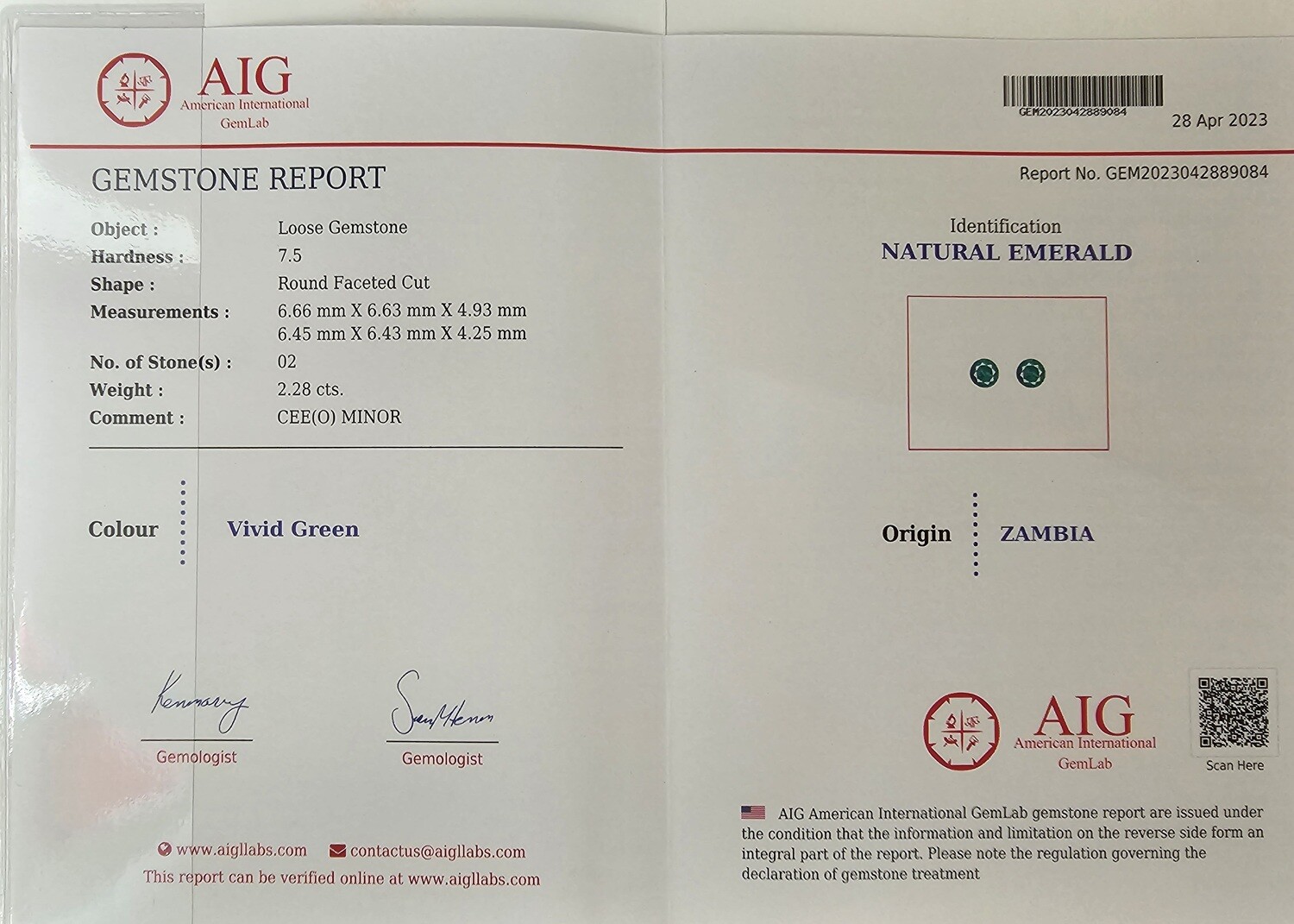1.25 ct and 1.03 ct Emerald round cut pair