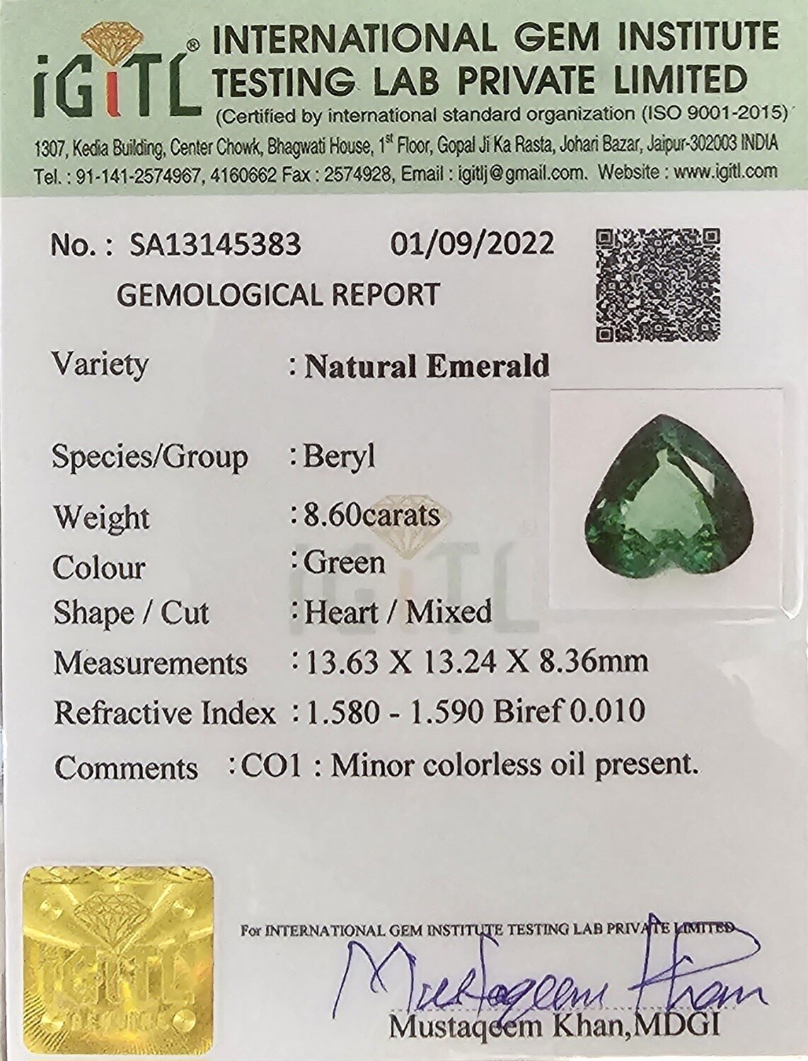 8.60 ct Emerald heart cut