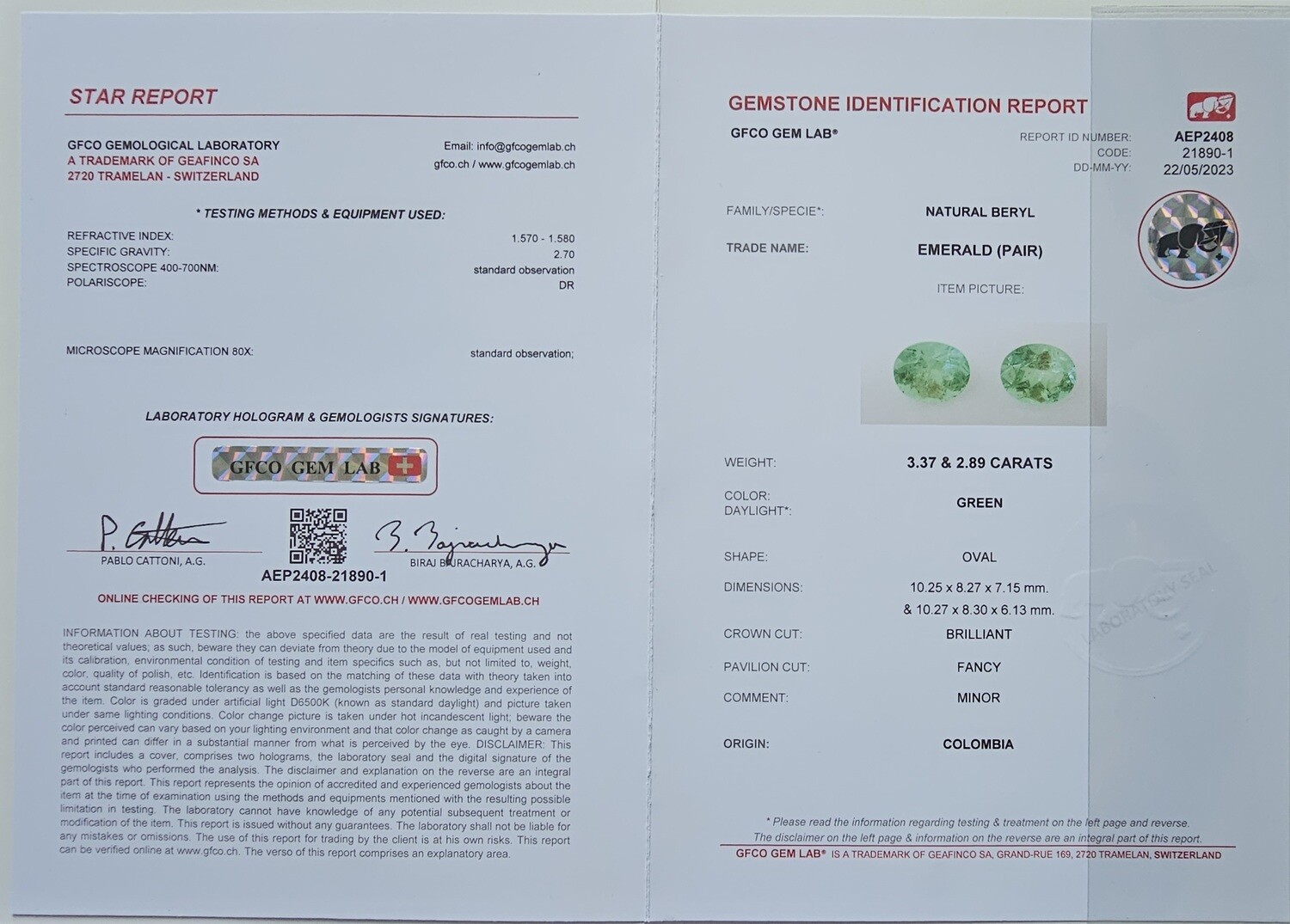 2.98 ct and 3.37 ct Emerald oval cut pair