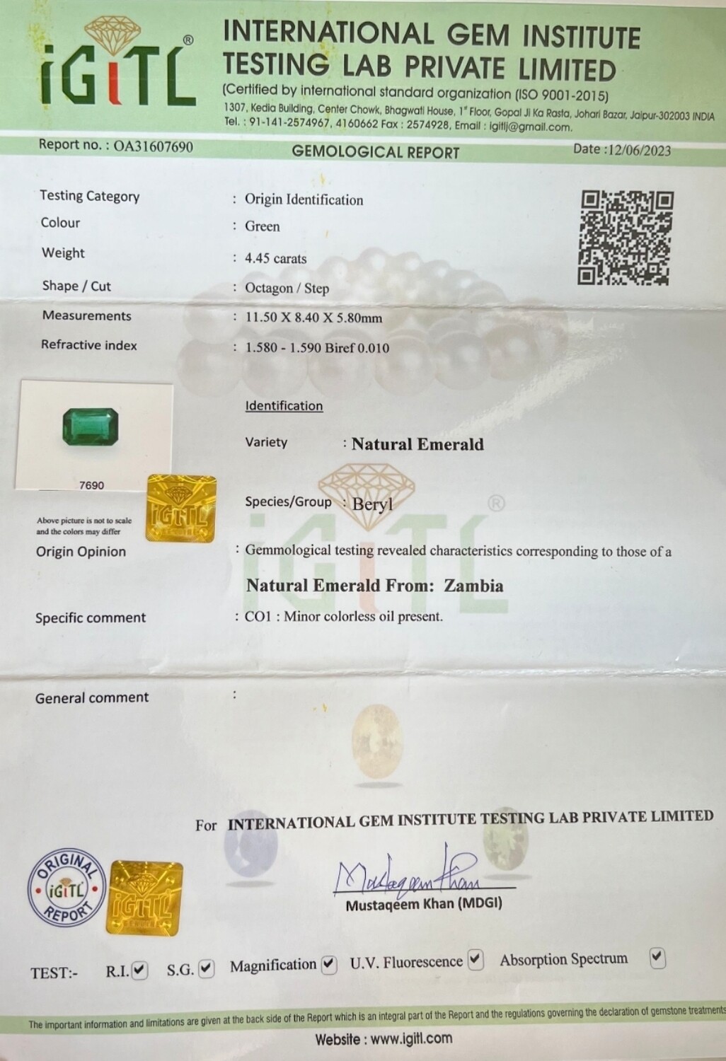 4.45 ct Emerald octagon cut