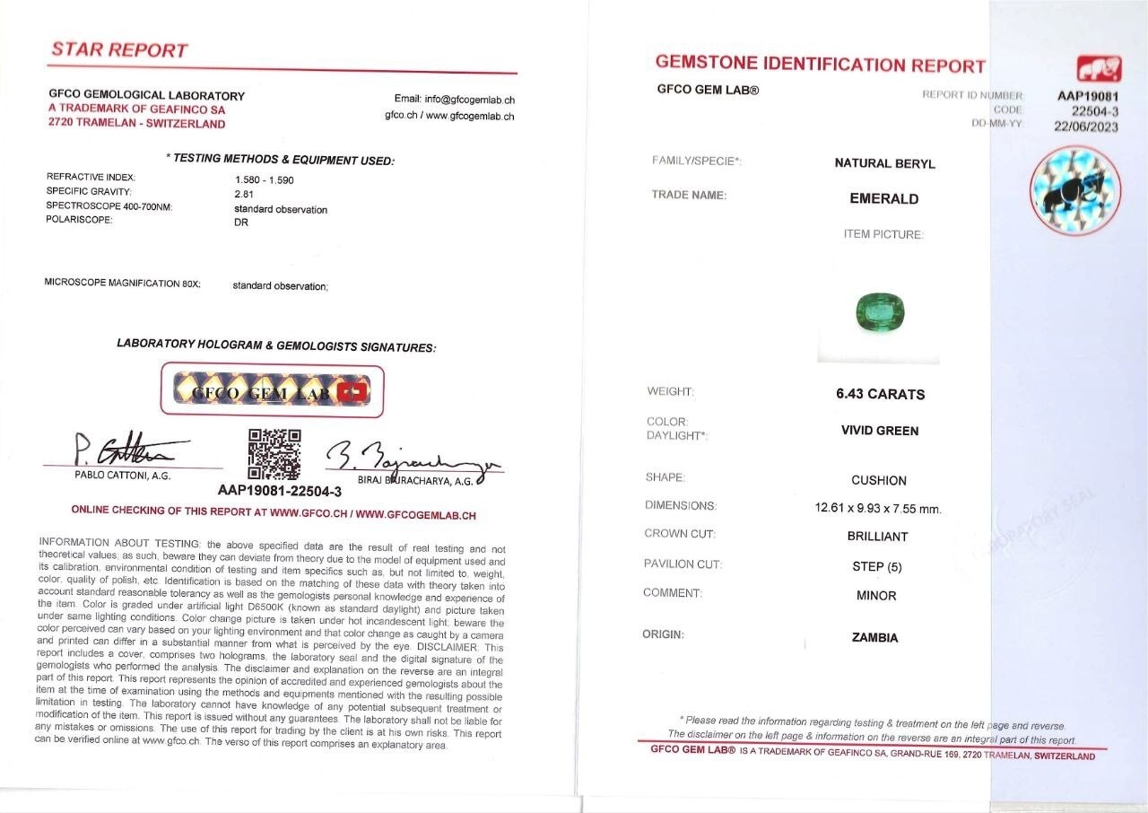6.43 ct Emerald cushion cut