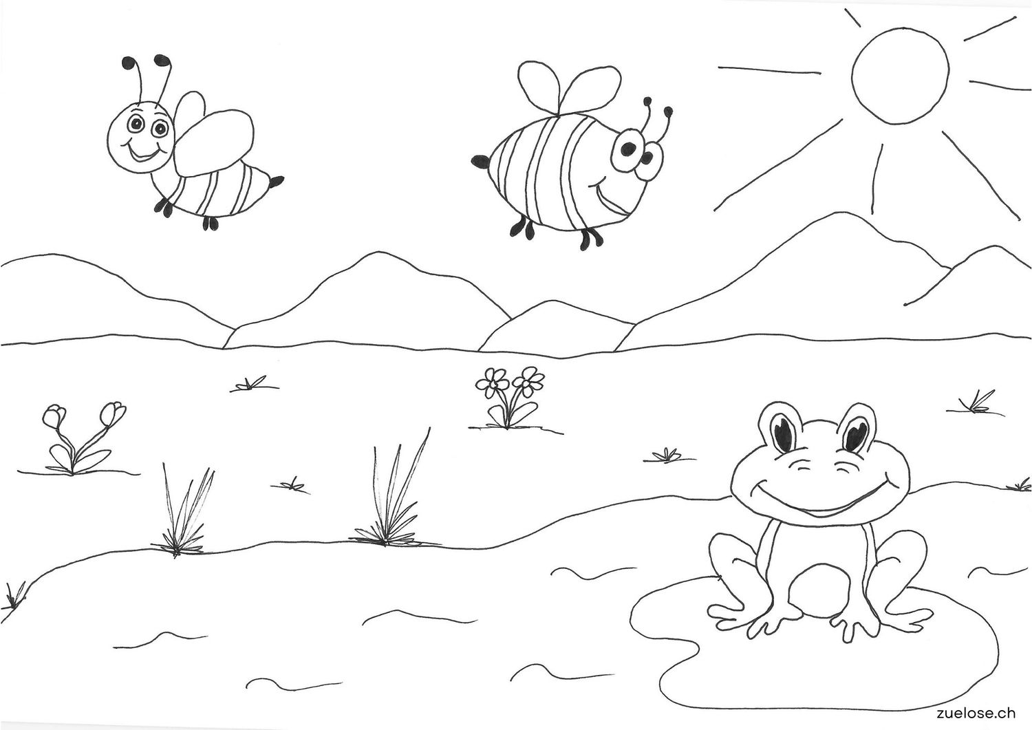 Ausmalbild Frosch und Bienen