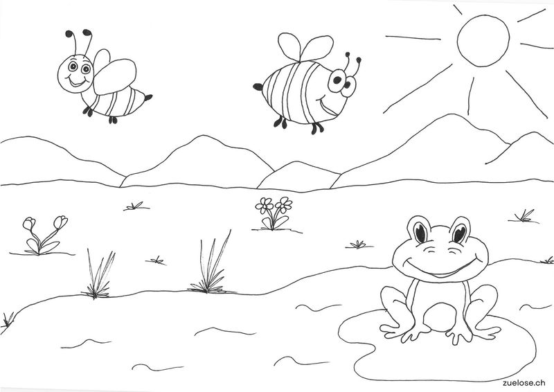 Ausmalbild Frosch und Bienen