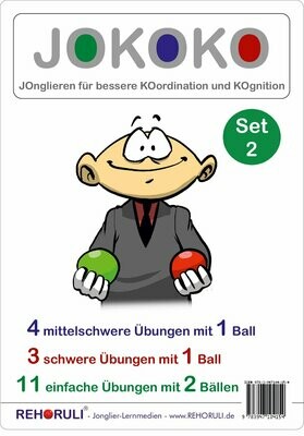 JOKOKO-DIN A5-Karten - SET 2 = 3 mittel- + 4 schwere Übungen mit 1 Ball + 11 Übungen mit 2 Bällen