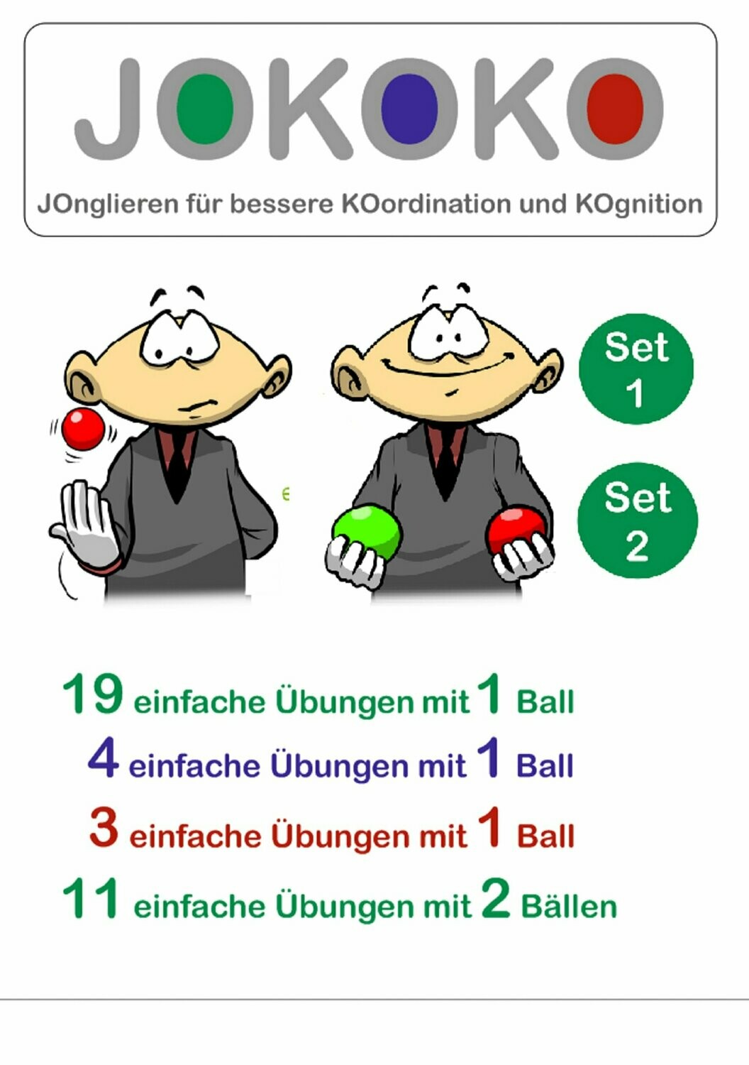 JOKOKO-DIN A5-Karten - SET 1 + Set 2 = 26 Übungen mit 1 Ball plus 11 einfache Übungen mit 2 Bällen