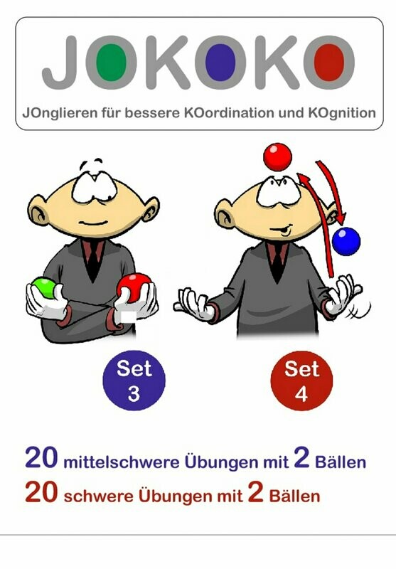 JOKOKO-DIN A5-Karten - SET 3 + Set 4 = 20 mittelschwere + 20 schwere Übungen mit 2 Bällen
