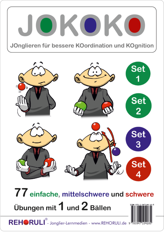 JOKOKO-DIN A5-Karten - SET 1+2+3+4 = 77 einfache, mittelschwere + schwere Übungen mit 1 und 2 Bällen