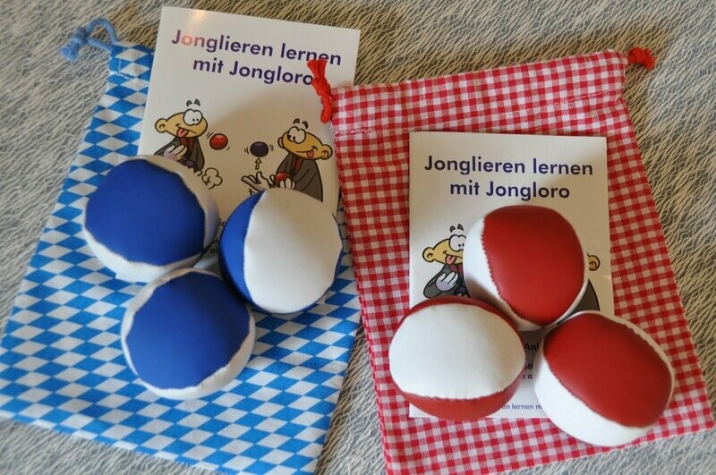 Jonglierball-Set  BAVARIA 3 Bälle (Größe M) - Ballfarben: rot/weiß oder blau/weiß) mit Anleitung im Baumwollsäckchen
