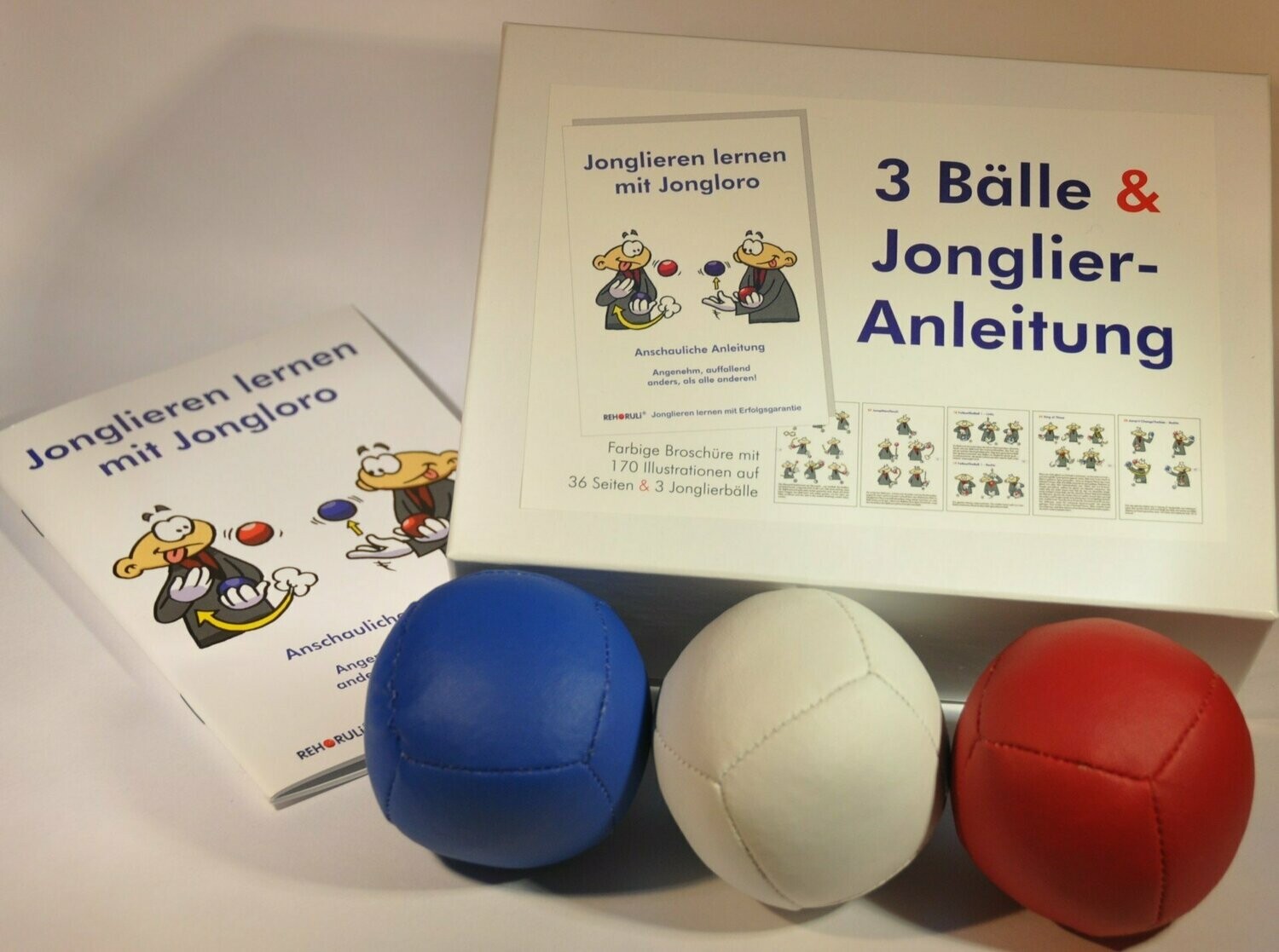 Jonglierball-Set M+ - Ballfarben: blau, weiß, rot mit Anleitung in Geschenkebox
