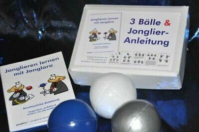 Jonglierball-Set L - Ballfarben: weiß, blau, silbern mit Anleitung in Geschenkebox - VERSANDKOSTENFREI innerhalb Deutschlands