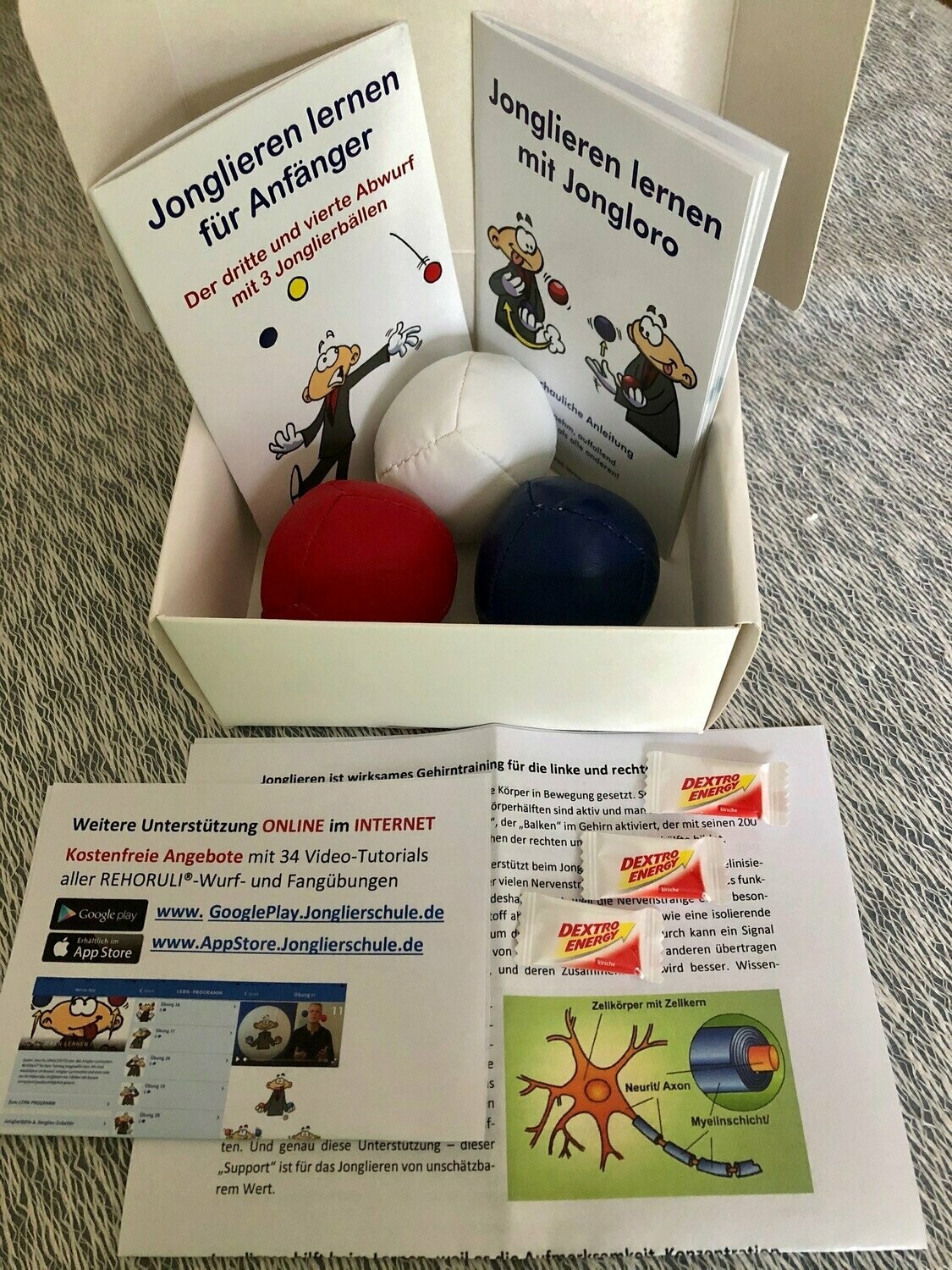 Power-Box Jonglieren - 3 Jonglierbälle M (Ballfarben: weiß/rot/blau) inkl. Jonglier-Anleitung + Gutscheincode für Video-Tutorials