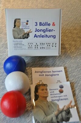 Jonglierball-Set (Größe L) mit Jonglier-Anleitung und Demenz-Broschüre in Geschenkebox - Ballfarben: rot/weiß/blau