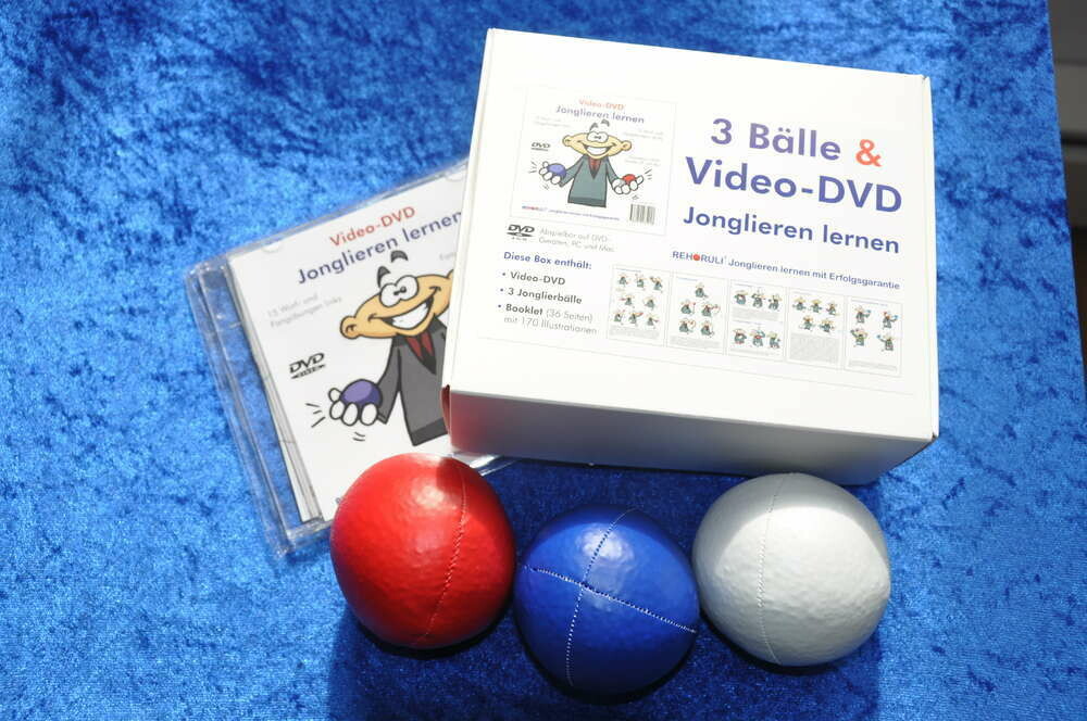 Jonglierball-Set (Größe L) mit Video-DVD "Jonglieren lernen" in Geschenkebox - Ballfarben: rot/weiß/blau