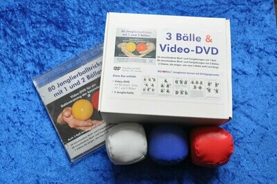 Jonglierball-Set (Größe M+) mit Video-DVD "80 Jonglierballtricks mit 1 & 2 Bällen" in Geschenkebox - Ballfarben: rot/weiß/blau