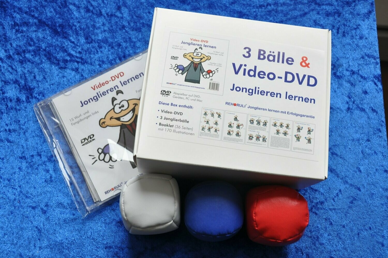 Jonglierball-Set (Größe M+) mit Video-DVD "Jonglieren lernen" in Geschenkebox - Ballfarben: rot/weiß/blau
