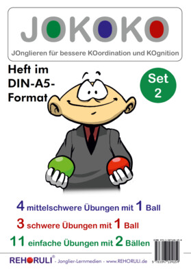 JOKOKO-DIN A5-Heft - SET 2 = 3 mittel- + 4 schwere Übungen mit 1 Ball + 11 Übungen mit 2 Bällen