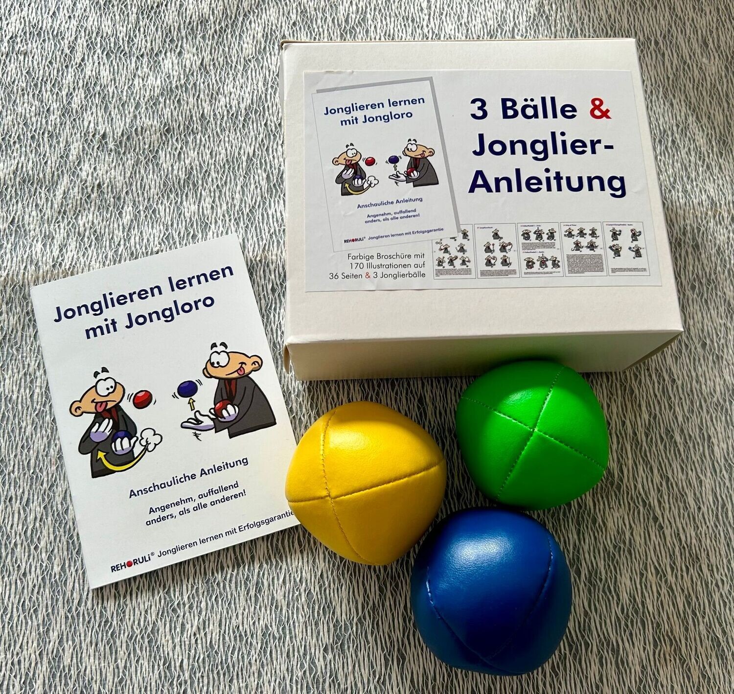 Jonglierball-Set L - Ballfarben: gelb, grün, blau mit Anleitung in Geschenkebox - VERSANDKOSTENFREI innerhalb Deutschlands
