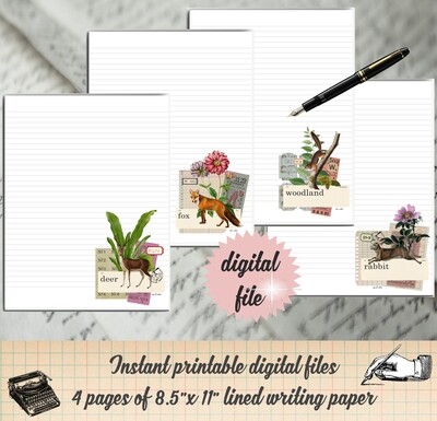 Woodland Animal Printable Stationary-Forest Animal Digital Writing Paper