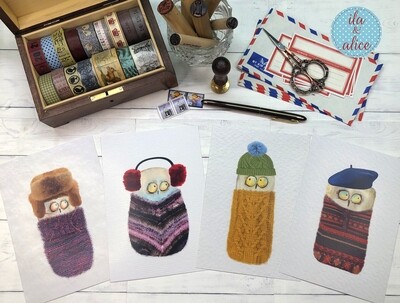 Cute Winter Owls in Sweaters Postcards