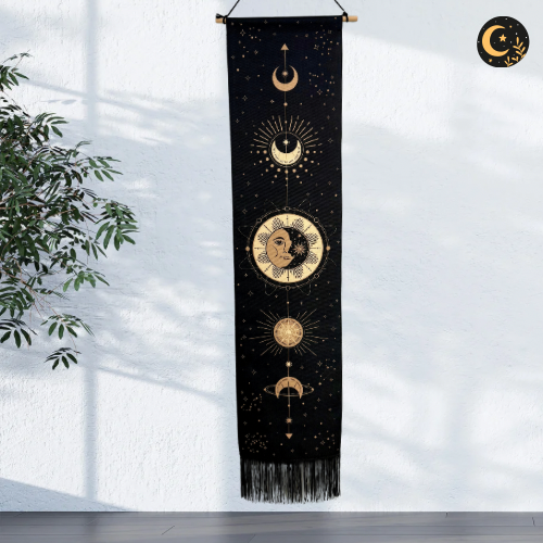Celestial Sun & Moon Wall Tapestry – Black & Gold Cosmic Banner Celestial Sun & Moon Wall Tapestry – Black & Gold Cosmic Banner