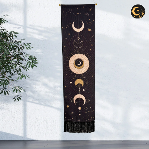 Lunar Phases Wall Tapestry – Black & Gold Celestial Hanging Lunar Phases Wall Tapestry – Black & Gold Celestial Hanging