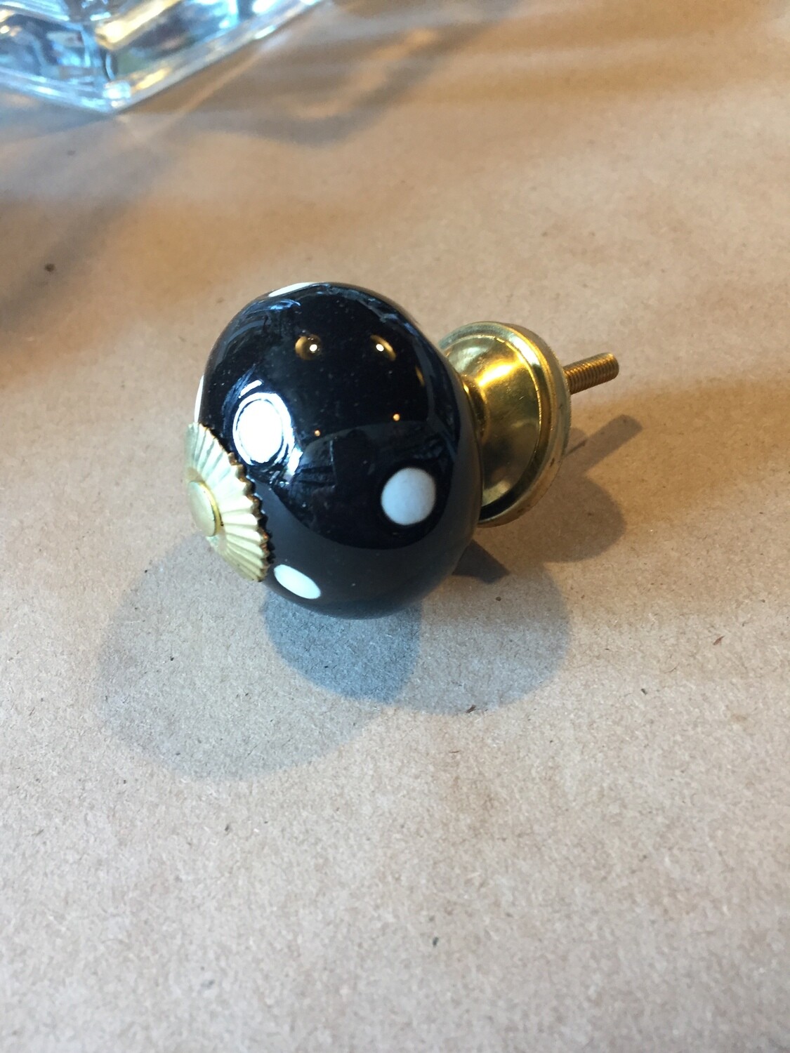Knob - Black with white polka dots and gold accents