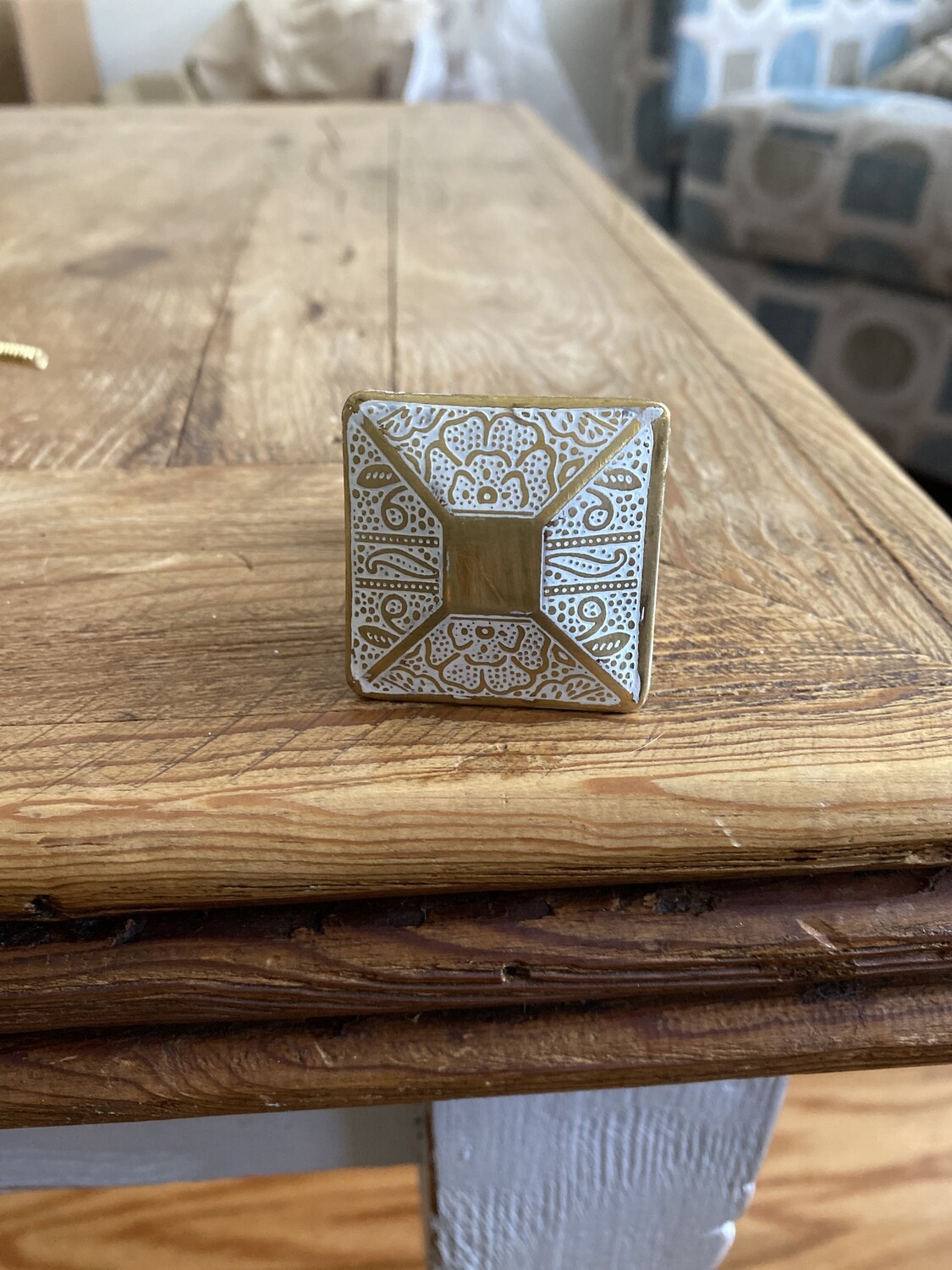 Knob - Brass Etched Floral Square