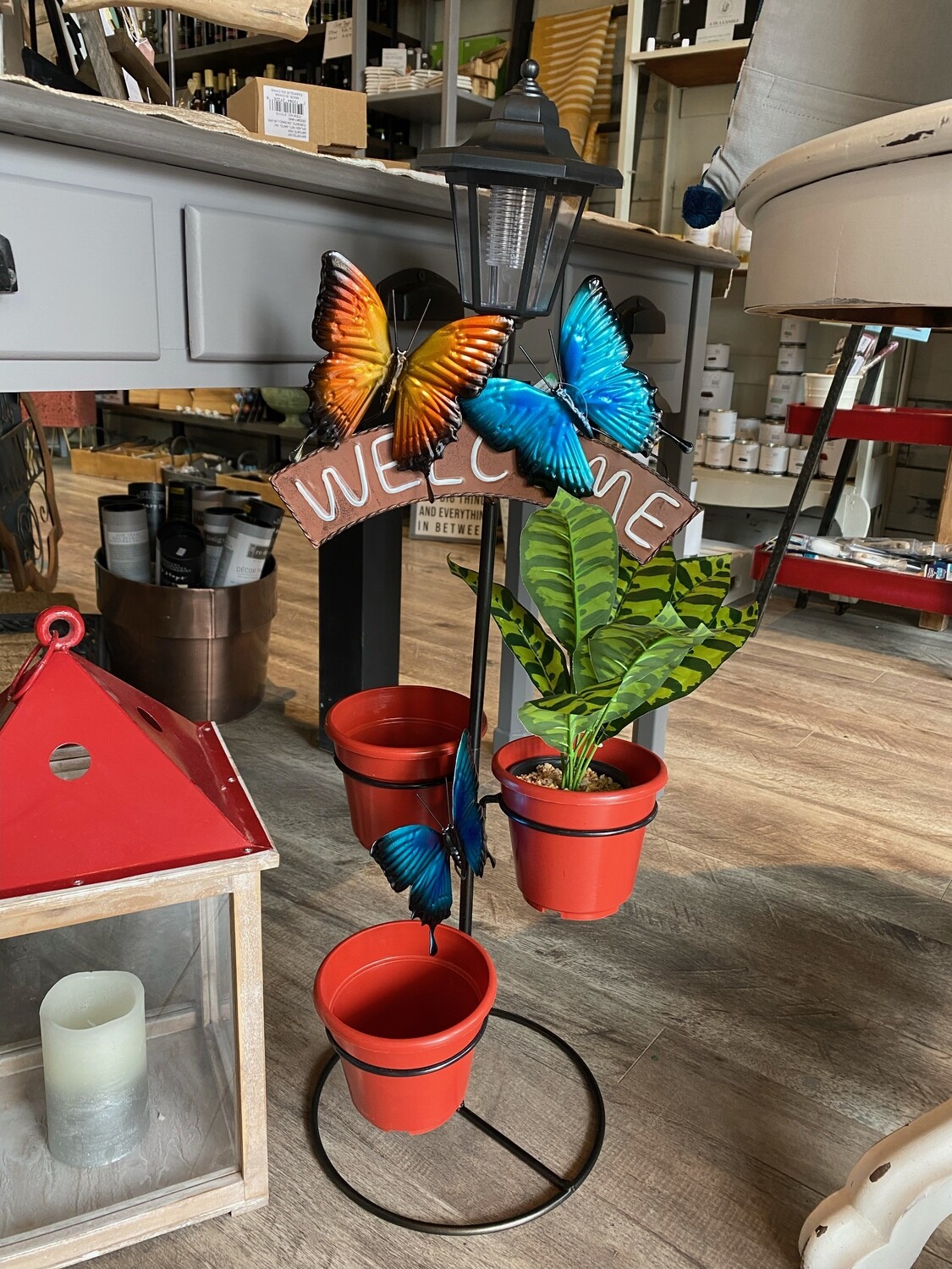 Butterfly Solar-Powered Welcome Stand w/ 3 Pots