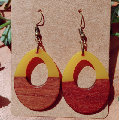 Earrings: Wood/Yellow Resin Teardrops