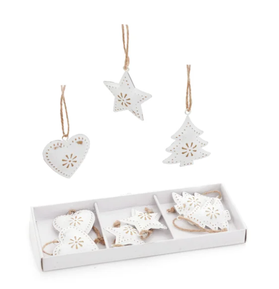 White Tree/Star/Heart Ornaments - Set of 9