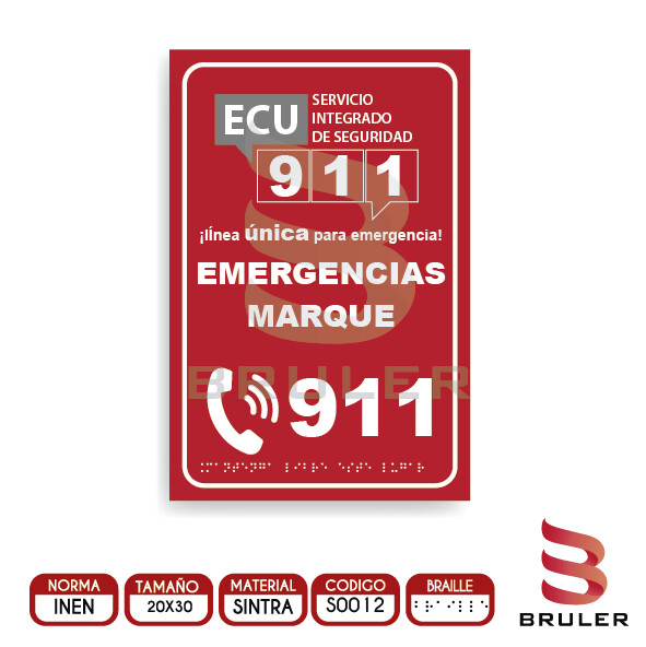 Señalética A4 - ECU 911 rojo - BRAILLE adicional