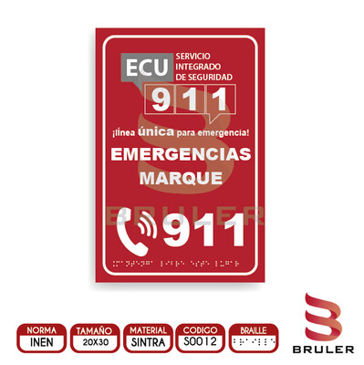 Señalética A4 - ECU 911 rojo - BRAILLE adicional