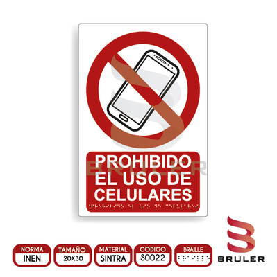 Señalética A4 - Prohibido el uso de celulares - BRAILLE adicional