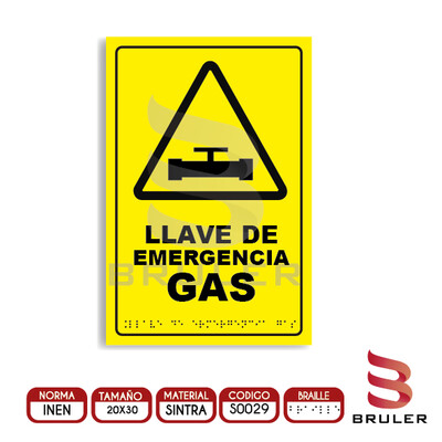 Señalética A4 - Llave de emergencia GAS - BRAILLE adicional