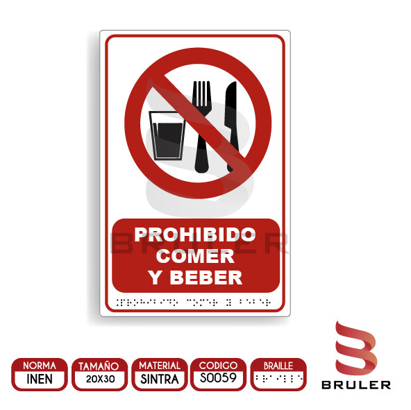 Señalética A4 - Prohibido comer y beber - BRAILLE adicional