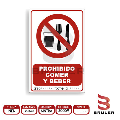 Señalética A4 - Prohibido comer y beber - BRAILLE adicional