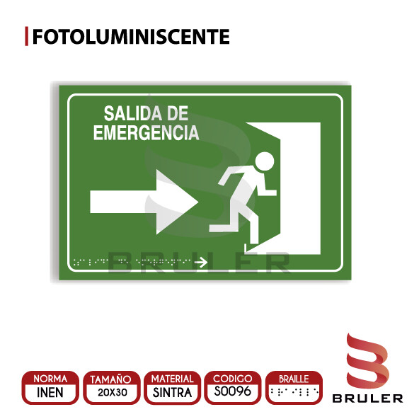 Señalética A4 Fotoluminiscente - Salida de Emergencia - BRAILLE adicional