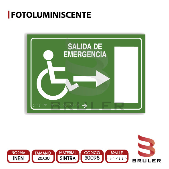 Señalética A4 Fotoluminiscente - Salida de Emergencia - BRAILLE adicional