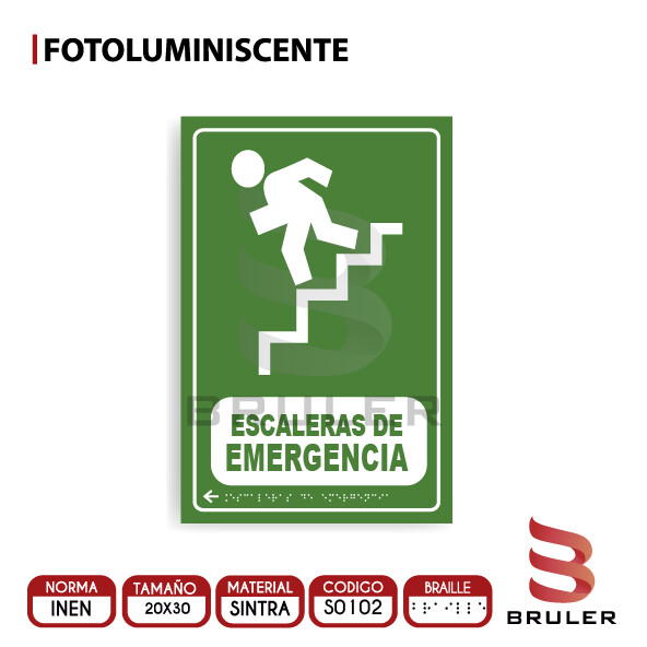Señalética A4 Fotoluminiscente - Escaleras de Emergencia - BRAILLE adicional