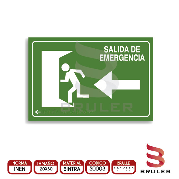 Señalética A4 - Salida de emergencia izquierda - BRAILLE adicional