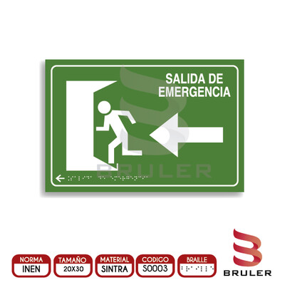 Señalética A4 - Salida de emergencia izquierda - BRAILLE adicional