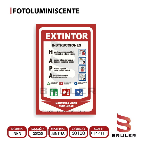 Señalética A4 Fotoluminiscente - Extintor HAPA - BRAILLE adicional