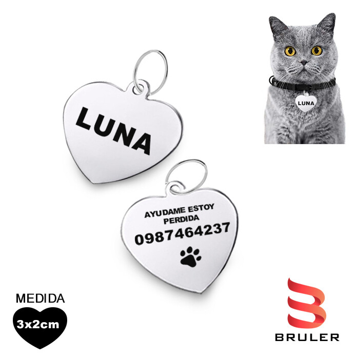 Placa de gato corazón en acero inoxidable plata 3cm